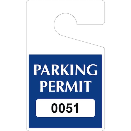 Lustre-Cal Heavy Duty Hanging Parking Permit Dark Blue 5in x 3in  55mil Plastic Serialized 051-100, 50PK 253323551Bd0051